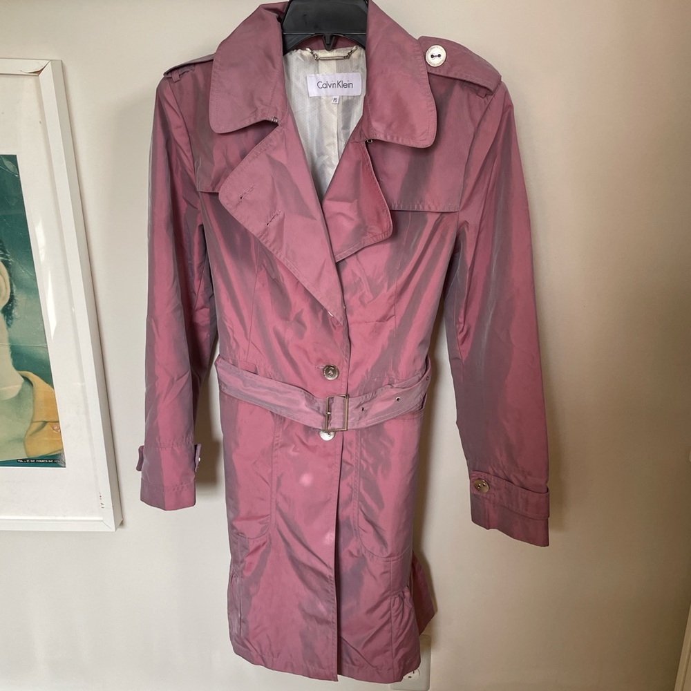 Pink iridescent 00s Calvin Klein trenchcoat with ruffle trim